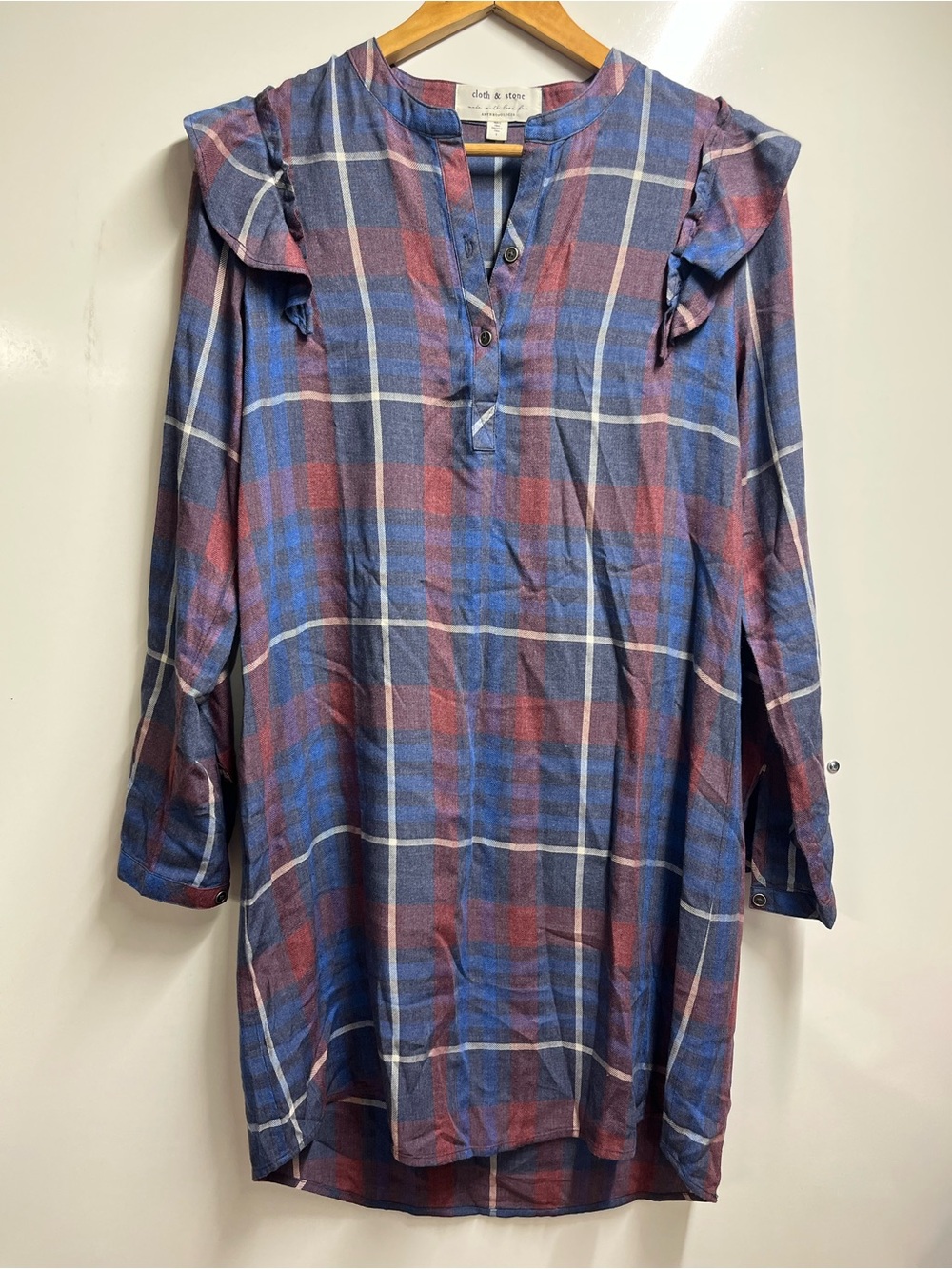 Anthropologie Cloth & Stone Plaid Flannel Long Sleeve Shirt Dress Size Small - Picture 3 of 7